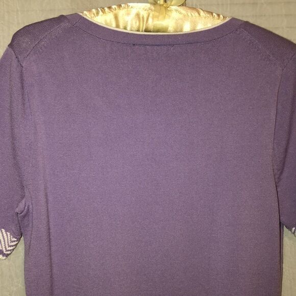 Ann Taylor L Lavender White Knit Short Sleeve Pullover Top Embroidered Sleeves - Picture 8 of 13